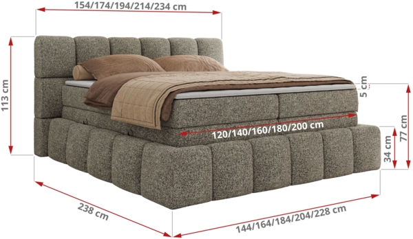 Boxspringbett NIRA KING, Doppelbett mit Fußteil, 7-Zonen Multipocket-Matratzen und Topper, Schlafzimmerbett - 120 x 200 cm - Grau Struktur - H4 Bild 6