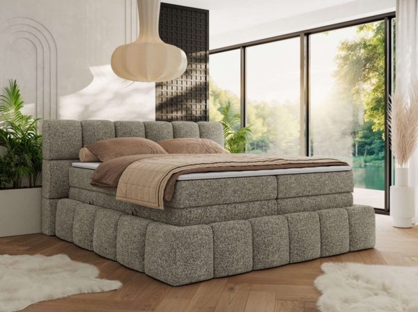 Boxspringbett NIRA KING, Doppelbett mit Fußteil, 7-Zonen Multipocket-Matratzen und Topper, Schlafzimmerbett - 120 x 200 cm - Grau Struktur - H4 Bild 1