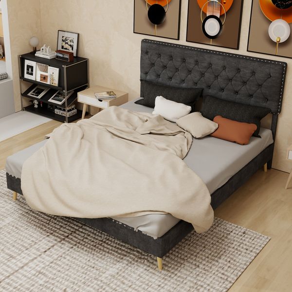 Flieks Polsterbett 160x200cm, Doppelbett mit Nietendesign Kopfteil, Samt, Grau