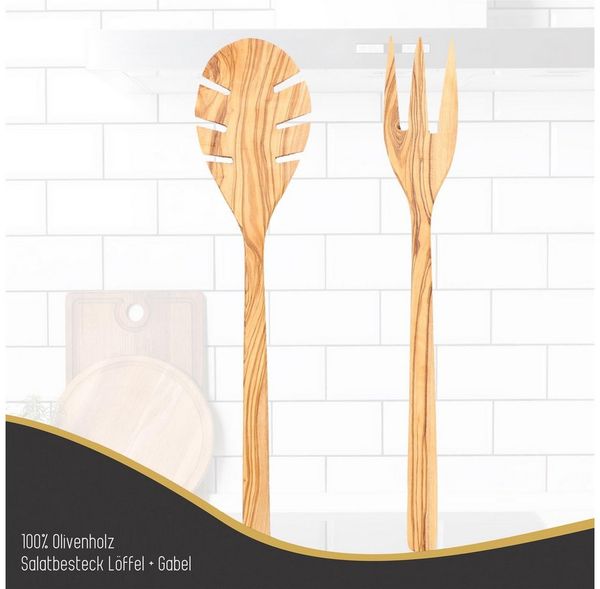 Lantelme Salatbesteck Olivenholz Set Salatlöffel Salatgabel Küchenhelfer Servierbesteck Holz (2-tlg, 2 Stück im Set), Salat Besteck mit Gabel und Löffel im Set, Naturprodukt