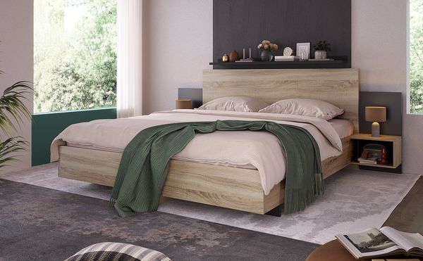 Doppelbett-Set, Massivholz, mit integrierten Nachttischen, 160x200 cm, Eiche & Dunkelgrau, ohne Matratze