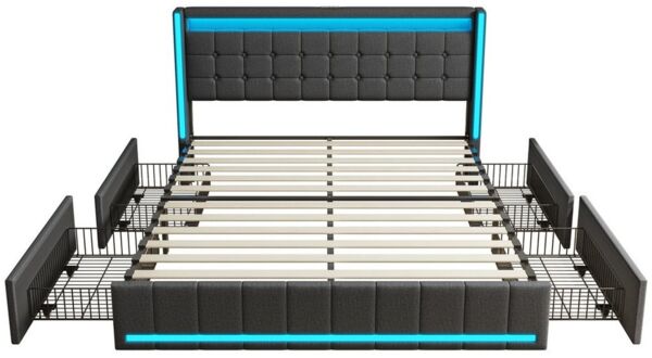 Furnishings Home Polsterbett LED Doppelbett Stauraumbett (4 Schubladen), Mit LED-Beleuchtung, USB + Type-C, Schubladen, Leinen, 160x200 cm