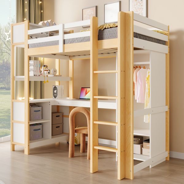Hochbett, 90x200 cm, Regale, mehrere Ablagefächer, Schreibtisch, Kleiderschrank, ohne Matratze,Natur