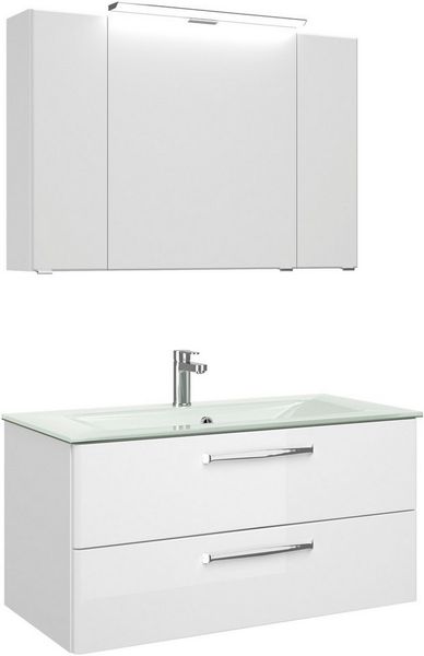 Saphir Badmöbel-Set Trentino 2-teilig Glas-Waschtisch, Spiegelschrank mit LED-Leuchte, (3-St), Badmöbel-Set 107cm breit, inkl. Türdämpfer, 3 Türen, 2 Auszügen