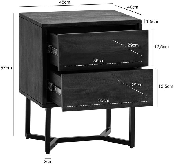 FINEBUY Nachttisch Nachttisch Massivholz Schwarz 2 Schubladen Nachtkommode Nachtkästchen (Nachtkonsole Modern, Nachtkästchen mit Schubladen), Industrial, 45x40x57 cm Akazie Massivholz Metall Bild 3
