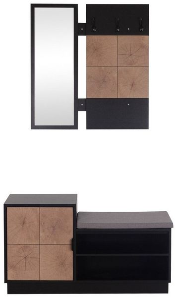 HTI-Living Garderobe Garderobenpaneel mit Spiegel und Schuhbank (Set, 2 St, 1 Garderobenpaneel mit Spiegel, 1 Schuhbank), Set Wandgarderobe und Schuhregal mit Sitzkissen