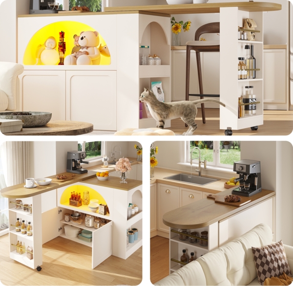 Ausziehbarer Bartisch mit Stauraum, Moderner Beweglicher Bar Table, Teleskopischer Bartisch mit LED, Hochtisch Kücheninsel, Gewölbtes Türdesign, Weiß, 135-205 x 39 x 100 cm