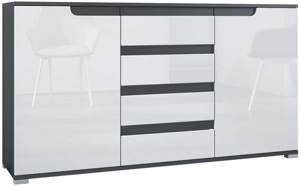Vladon Sideboard Sylt V1 (Kommode mit 2 Türen und 4 Schubladen, Korpus - Anthrazit matt / Front - Weiß Hochglanz), Absetzung - Anthrazit matt (138,5 x 75,5 x 35 cm)