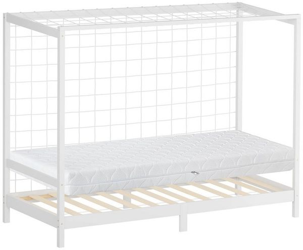 ML-DESIGN Spielbett Fußballtor Einzelbett für Kinder Holzbett mit Lattenrost & Tornetz, Handballtor Abenteuerbett 90x200cm Weiß Kinderbett mit Matratze H:16cm