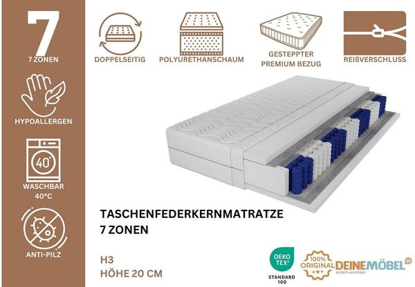 Taschenfederkernmatratze Taschenfederkern-Matratze 7 Zonen 20 cm Härtegrad H3, Deine Möbel 24, 20 cm hoch, (Bezug Schwarz oder Weiß, 80x200 90x200 100x200 120x200 140x200 160x200 180x200 200x200), Doppelseitig