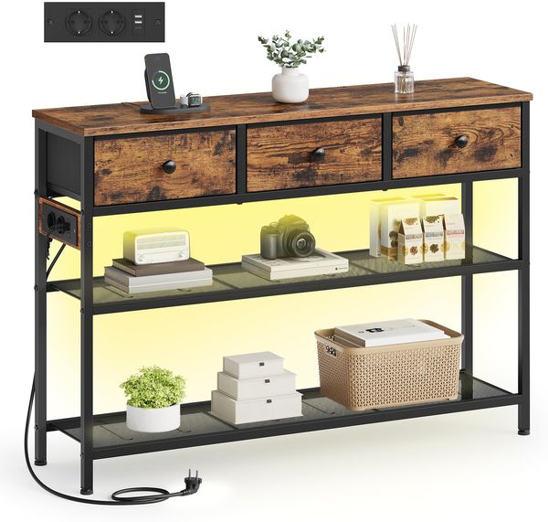 SONGMICS BELLAH Kollektion - Konsolentisch mit Steckdose, Sofatisch schmal, Flurtisch mit LED-Beleuchtung, Wohnzimmer, Flur, 30 x 98,8 x 78,7 cm, 3 Stoffschubladen, vintagebraun LGS198K102