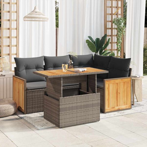 vidaXL 5-tlg. Garten-Sofagarnitur mit Kissen Grau Poly Rattan Akazie 3327707