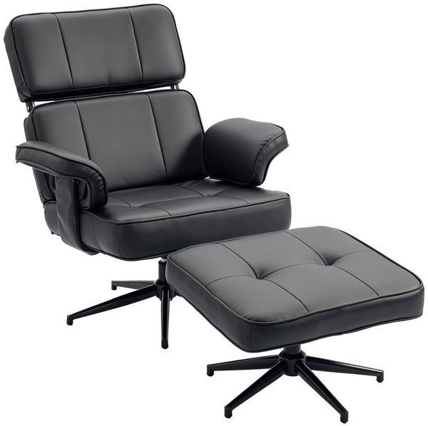 HOMCOM Relaxsessel mit Fußhocker, Kunstleder-Bezug, höhenverstellbare Kopfstütze (Fernsehsessel, 2-St, Liegesessel), für Wohnzimmer, Schlafzimmer, Schwarz