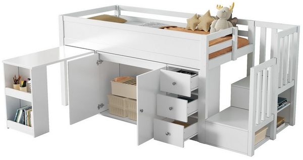 BlingBin Hochbett Kinderhochbett, Mit Schrank, Mit Schublade, Mit Treppenschrank (1er Set, 1-St, Mit Ausziehbarem Schreibtisch Und Seitlichem Ablagefach) Multifunktionales Kinderbett, Ohne Matratze, MDF, Weiß 90x200 cm