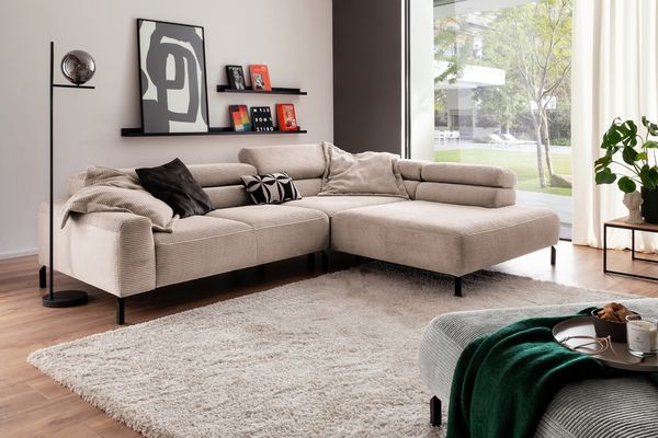 KAWOLA Sofa DELIA Ecksofa XL Cord taupe Recamiere rechts 74 x 219 x 312 cm