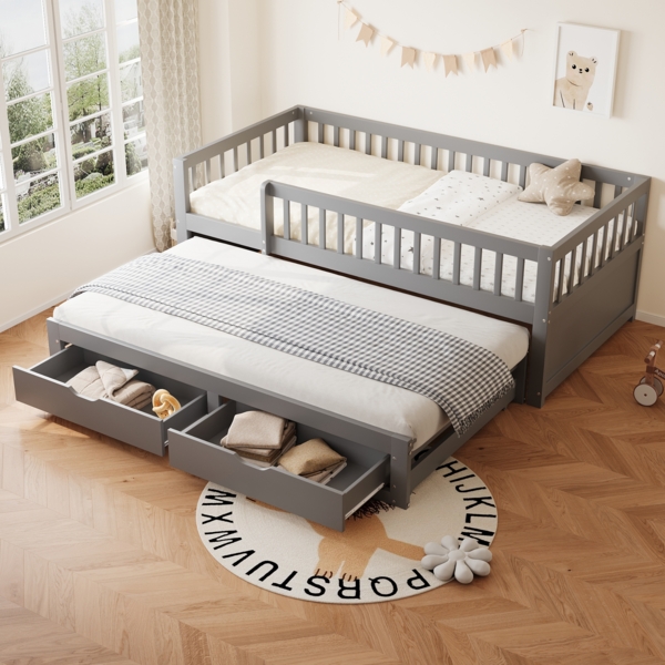 Merax Kinderbett 90x200cm mit Ausziehbett 90x190cm, Holzbett Klassisches Bett mit 2 Schubladen, Einzelbett Jugendbett mit Rausfallschutz, Grau