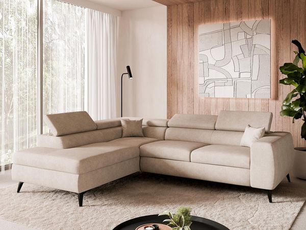Compleo Ecksofa Einstellbare Kopfstützen, Schlaffunktion, Samtstoff, Breite: 270 cm, Schlafsofa, L-förmiges Sofa, MADE IN EU