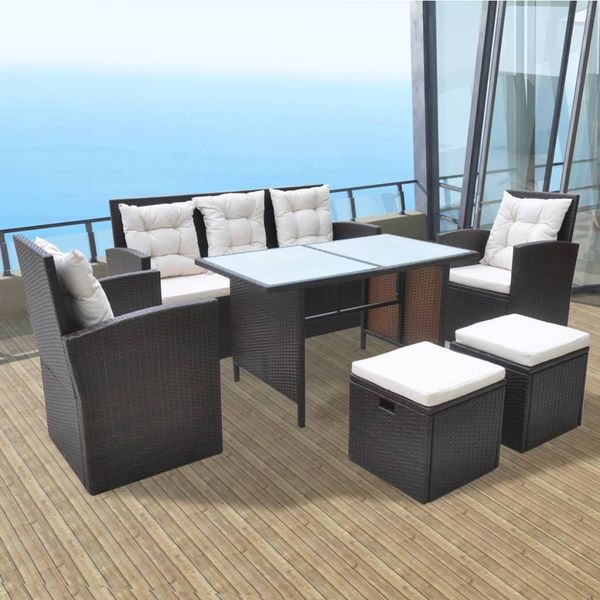 vidaXL 6-tlg. Garten-Essgruppe mit Kissen Poly Rattan Braun 42644