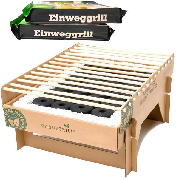 3x CasusGrill Einweggrill Einmalgrill biologisch abbaubar, Mini Grill aus natürlichen Materialien, Bambuskohle