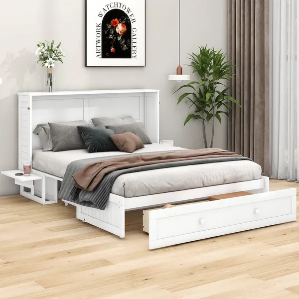 Schrankbett mit Schubladen, 140x200 cm, Wandklappbett, horizontal klappbar, Holz