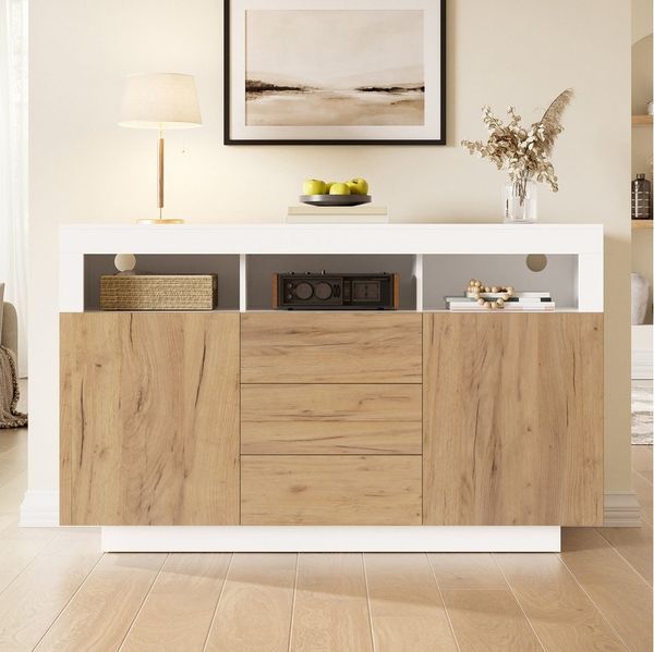 Merax Sideboard Kommode Sideboard mit 3 Schubladen und 2 Türen (1 St, Wohnzimmerschrank mit Offenen Fächern), Küchenschrank, Flurschrank 140 cm