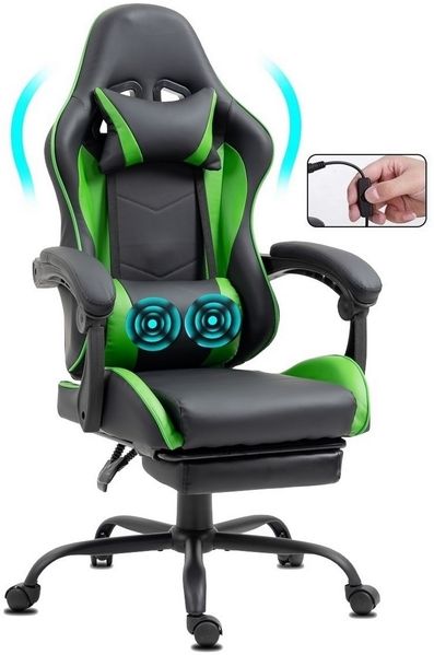 Delman Gaming-Stuhl, Bürostuhl, Schreibtischstuhl, ergonomischer Gaming-Sessel mit Fußstütze, Massage-Lendenkissen, verstellbarer Rückenlehne, Grün
