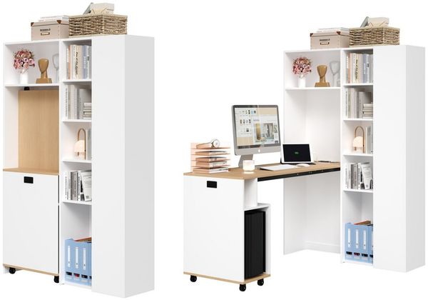 BlingBin Eckschreibtisch Klappbarer Schreibtisch mit Regal (1-St, platzsparendes 2-in-1 Design mit EU-Steckdose und USB-Anschlüssen), Hochschrank mit höhenverstellbaren Böden