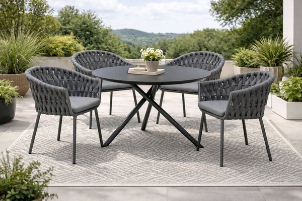 Destiny Garten-Essgruppe MOLINO BARLETTA 4 Se + Tisch Ø110cm, anthrazit, (Set, 4Sessel inkl. Sitzkissen, 1 Tisch), Aluminium, Rope, HPL