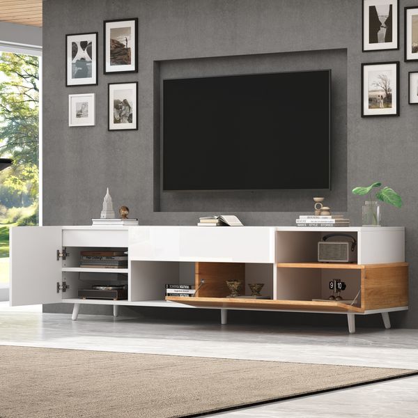 TV-Schrank 180 x 38 x 50 cm in Weiß/Natur, Hochglanz-Front, mit Schublade, Türen und offenen Fächern