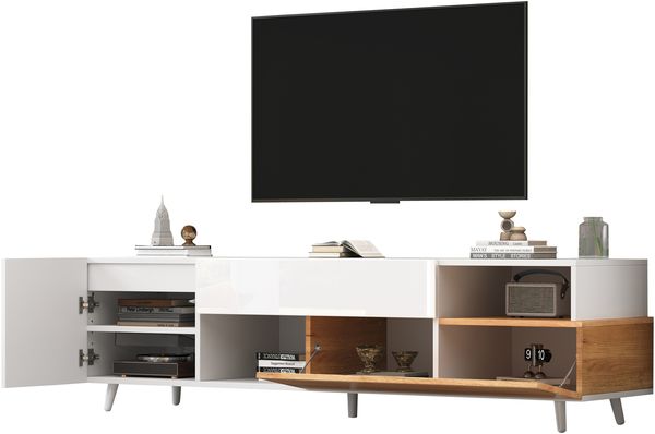 TV-Schrank 180 x 38 x 50 cm in Weiß/Natur, Hochglanz-Front, mit Schublade, Türen und offenen Fächern Bild 7