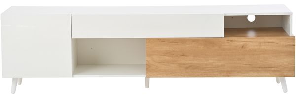 TV-Schrank 180 x 38 x 50 cm in Weiß/Natur, Hochglanz-Front, mit Schublade, Türen und offenen Fächern Bild 6