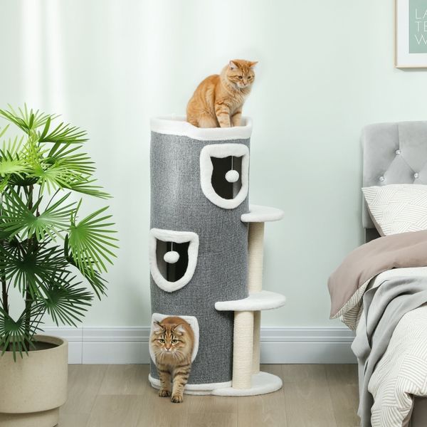 Katzen Kratztonne,3-Ebenen-Spielzentrum mit Verstecken & Spielzeug, Sisalpfosten, für 1-3 Katzen bis 6kg, stabil