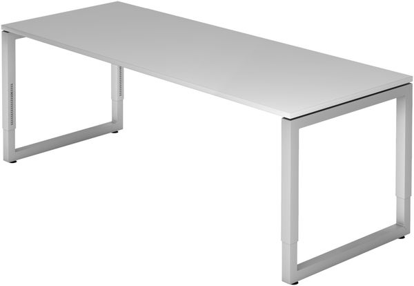 bümö höhenverstellbarer Schreibtisch R-Serie 200x80 cm in grau, Gestell in Silber - großer PC Tisch für's Büro manuell höhenverstellbar, Computertisch verstellbar, RS-20-5-S