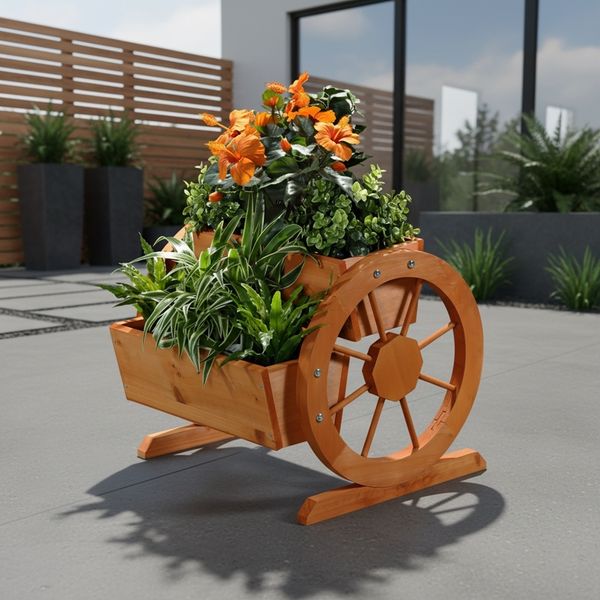 Pflanzkübel mit Wagenräder aus Holz Garten Dekoration Blumentrog Holzkasten
