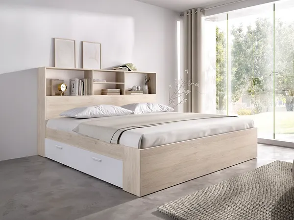 Vente-unique - VARDIEL Bett Holz, Platte BeigeWeiß - B 147,4 cm x H 110 cm x L 217,6 cm