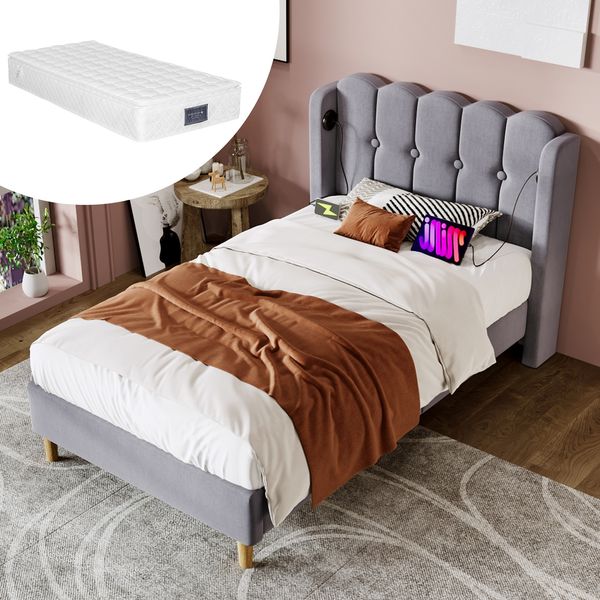 Einzelbett 90x200 cm Grau Leinen mit USB & Type-C Ladeanschluss,gepolstertes Kopfteil,Design-Paneel,stabiler Rahmen,inklusive Matratze