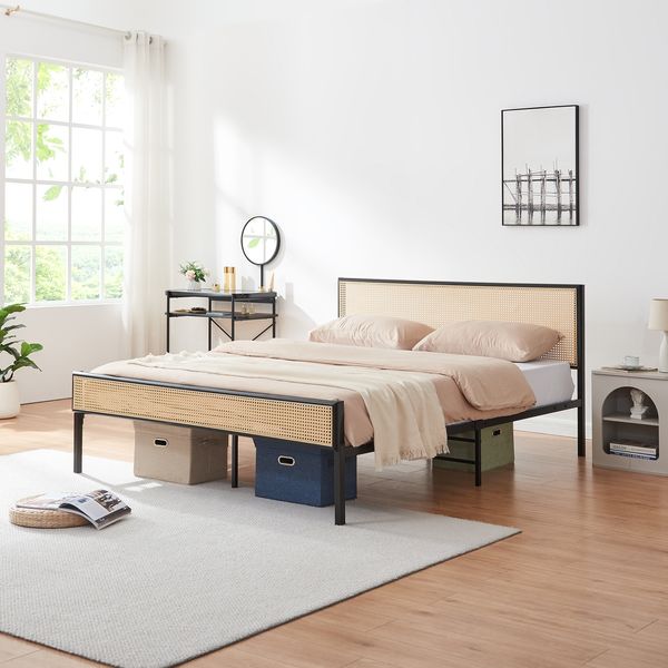 Metallbett Linköping mit rechteckigem Kopfteil 160x200 cm Schwarz/Rattanoptik [en. casa]