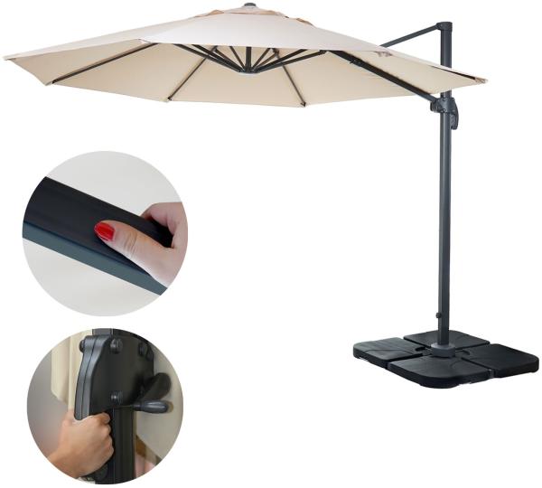 Gastronomie-Ampelschirm HWC-A96, Sonnenschirm, rund Ø 3m Polyester Alu/Stahl 23kg ~ creme mit Ständer, drehbar