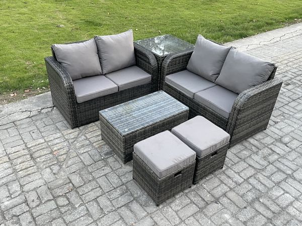 Fimous Outdoor Lounge Sofa Set Rattan Gartenmöbel Set mit rechteckigem Couchtisch 2 Kleine Fußhocker Beistelltisch Dunkelgrau Gemischt
