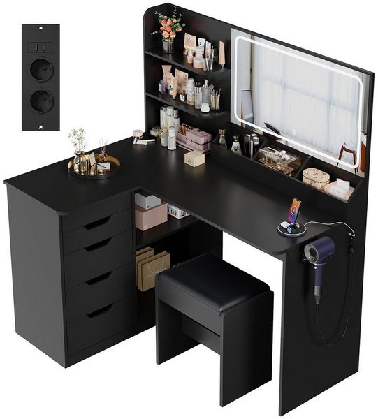 HOMALL Schminktisch Mit Stuhl und dreifarbigem LED-Spiegel, Helligkeit einstellbar (Extra groß: 120 x 80 x 136 cm, 2 Steckdosen + 1 USB-Anschluss + 1 Typ-C-Anschluss, 5 Schubladen + 8 Fächer – für ein perfektes Schminkerlebnis ostern geschenke)
