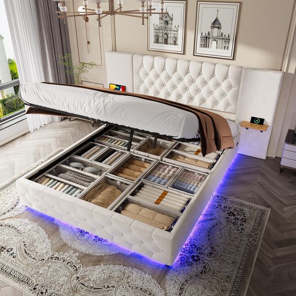 160x200 cm Bettgestell mit breitem Kopfteil, LED-Beleuchtung, USB-Anschluss und Stauraum in Beige