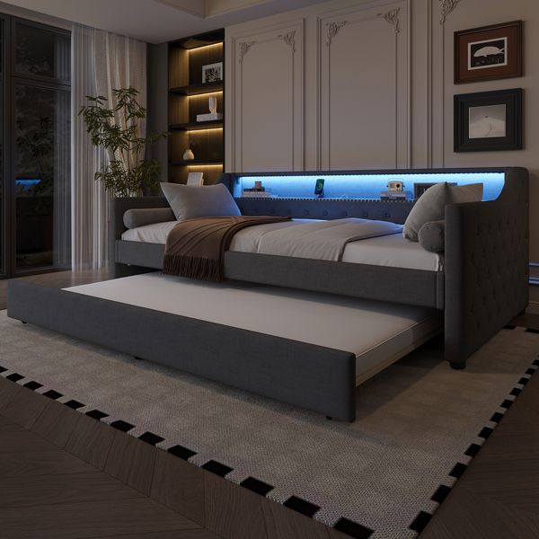 Bett 90x200 cm Polsterbett mit Ausziehbett, Leinenbezug, LED-Ambientbeleuchtung & USB, Grau