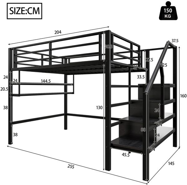Hochbett 140x200 cm in Schwarz mit Stauraumleiter, Regalfächern und Rausfallschutz, Metall & MDF, ohne Matratze Bild 5