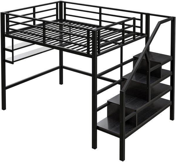 Hochbett 140x200 cm in Schwarz mit Stauraumleiter, Regalfächern und Rausfallschutz, Metall & MDF, ohne Matratze Bild 6