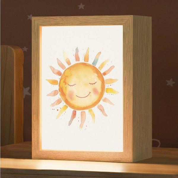 OnlyWow Nachttischlampe Lightbox Sonne - Aquarell - Gelb - Mädchen, Dimmbar, Farbwechsel, LED, Warmweiß, Kaltweiß, Neutralweiß Einstellbar, Kinderzimmer, Babyzimmer, Dimmbar, mit Kabel, Nachtlampe, LED