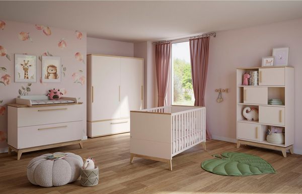PAIDI Babybett STIENE 70x140cm in Beige oder Grau, umbaubares Bett mit Massivholz, Gitterbett 4-fach höhenverstellbar, entnehmbare Sprossen, Kinderbett