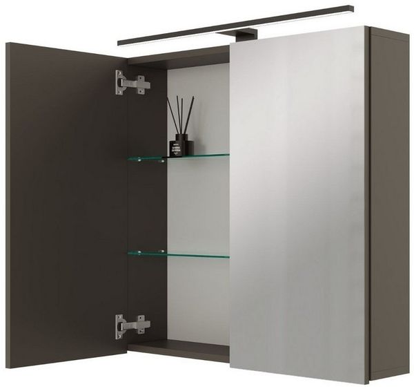 Planetmöbel ARIA Spiegelschrank Bad mit Beleuchtung 70 cm breit | Badschrank hängend mit Spiegel | Anthrazit, mit Leuchte und Steckdose, Spiegelschrank Gäste WC 70 x 70 x 16 cm