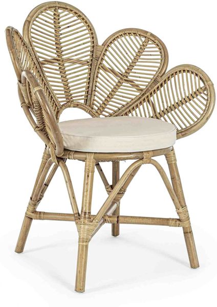Stuhl Resola mit Armlehne aus Rattan, skandinavischer Boho Stil, natur, inklusive Kissen