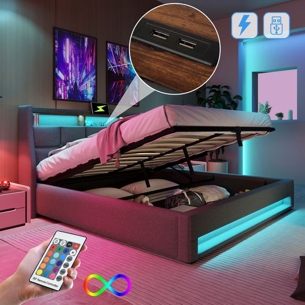 Polsterbett mit USB 180x200 cm,LED Doppelbett mit Lattenrost aus Metallrahmen,Bettgestell aus Leinenmaterial Jugendbett (Ohne Matratze)