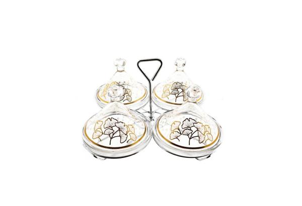 Almina Snack-Set Tajine 9 Teilig aus Glas mit goldenen und silbernen Muster Blumenmotiv